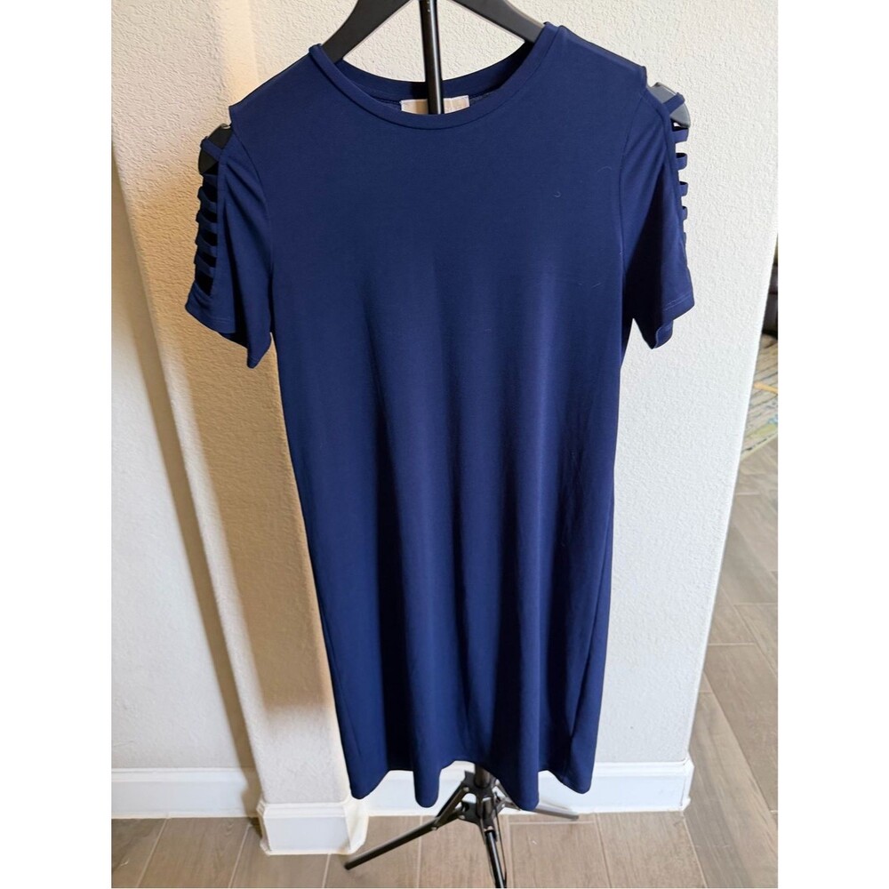 Michael Kors Navy Blue Midi Tshirt Dress with Ladder Sleeve Detail XS